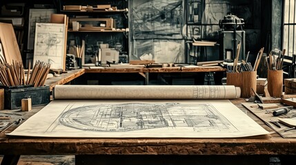 Fototapeta premium Vintage wooden architect s workbench filled with drafting tools pencils rulers and architectural blueprint drawings in a cozy and creative studio workspace environment Concept of design engineering