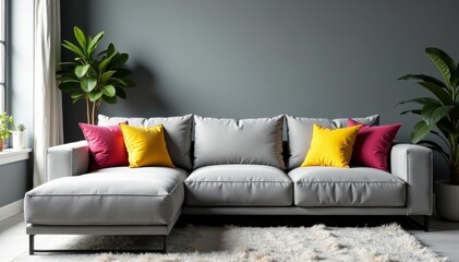 Vibrant geometric pillows on grey sofa in sleek living room, home decor, sofa, cushions