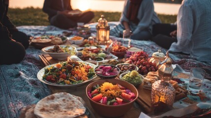 Outdoor feast by the lake at sunset