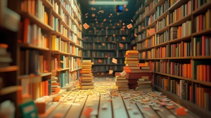 Obraz premium Magical Library Bookshelves Stacks and Falling Pages