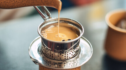 Pouring vietnamese coffee traditional metal filter cafe sua da brewing process delicious beverage drink culture