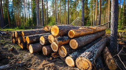Stacked Logs in a Sunlit Forest Clearing