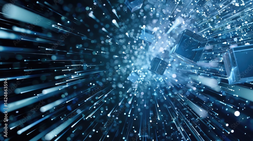 Poster explore a captivating visualization of dynamic data streams in vibrant motion, showcasing a modern a