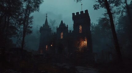 Obraz premium Mysterious Dark Gothic Church in Foggy Forest at Night