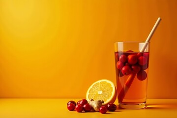 Vibrant orange background with ingredients for boosting immunity - citrus, ginger, honey, and cranberries, boost, vibrant, ginger