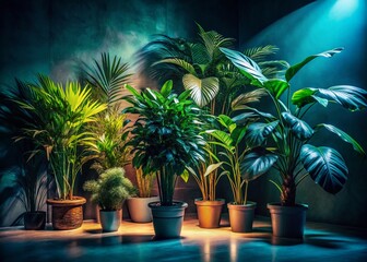 Fototapeta premium Dramatic Night Indoor Plants, Tall Houseplants in Low Light, Dark Green Foliage, Botanical Interior, Shadowy Plant Photography