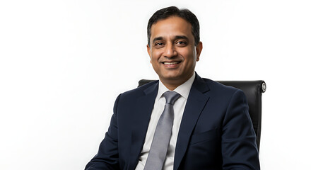 A businessman in a blue suit and gray tie sitting on a chair, smiling naturally, white background