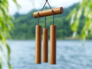 Beautiful bamboo wind chimes gently swaying by a serene lake, surrounded by lush greenery and nature's tranquility.