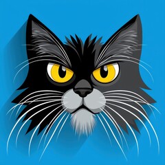 Cartoon illustration of a black cat with a white chin patch and vivid yellow eyes