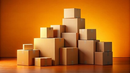 Fototapeta premium E-commerce Growth: Stack of Cardboard Boxes on Vibrant Orange Background