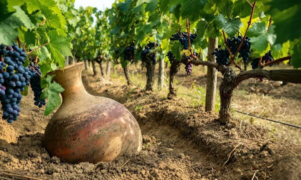 Clay pot buried in vineyard rows with grapevines and ripening grapes