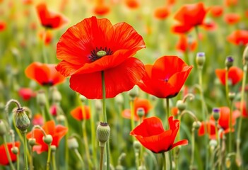 Vibrant red poppy in field, painted watercolor backdrop, picturesque, summer