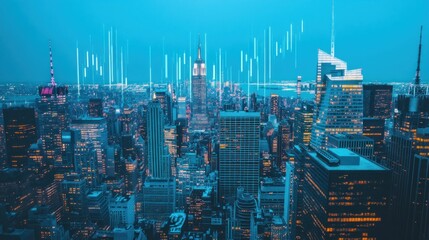 Fototapeta premium Night cityscape of New York City overlaid with financial data.