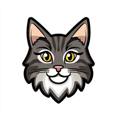 Close-up illustration of a gray cat with yellow eyes and a curious expression