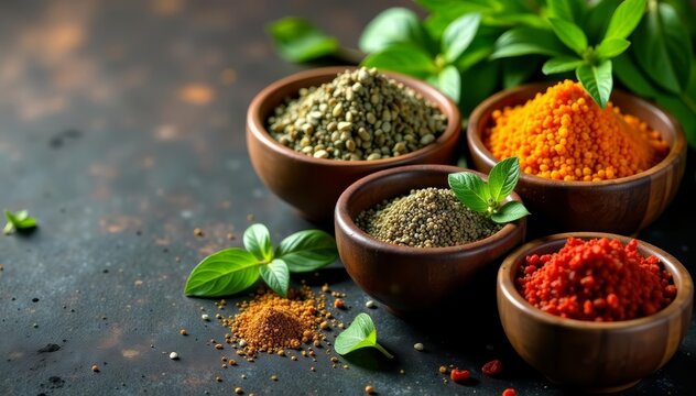 Vibrant selection of detoxifying herbs and spices in rustic bowls, assortment, variety, colorful