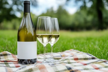 A bottle of white wine and two glasses on a picnic blanket in a green park.