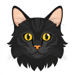 Close-up illustration of a black cat's face with bright yellow eyes and vivid orange nose