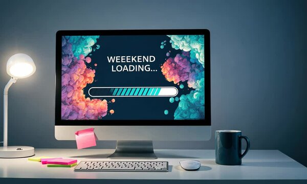 Desktop computer loading weekend with colorful smoke, desk lamp, sticky notes, and futuristic ambiance