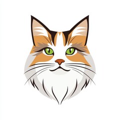 Front-facing illustration of a cat with green eyes, white, orange, and brown fur