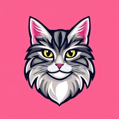Obraz premium Cartoon illustration of a gray cat with yellow eyes and pink inner ears on a pink background