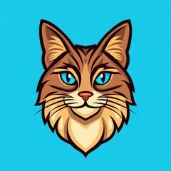 Cartoon illustration of a brown cat with bright blue eyes looking directly at the viewer