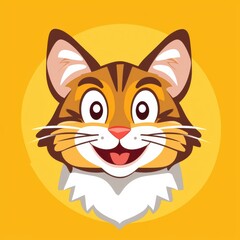 Cheerful cartoon cat with brown fur and white markings smiling against a bright yellow background