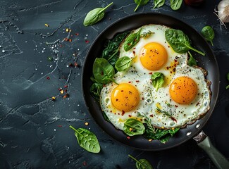 Fried Eggs with Spinach in a Pan on a Dark Background