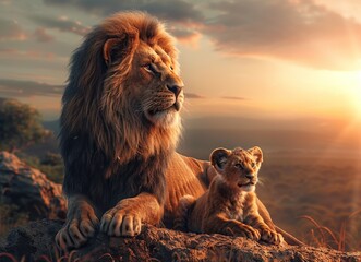 Lion and Cub Watching the Sunset