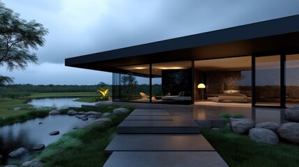 Fototapeta premium Modern minimalist home overlooking a tranquil lake at dusk. Expansive glass walls offer panoramic views of the serene landscape. Exterior features a contemporary design,
