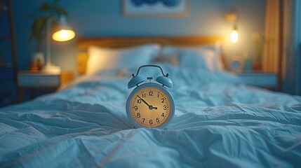Alarm Clock on a Bed in a Dimly Lit Room