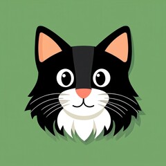 Cartoon illustration of a black cat with a white chin and bright white eyes