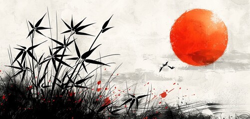 Silhouettes of Bamboo and a Red Sun