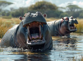 A Hippopotamus with its Mouth Wide Open in a Watery Environment
