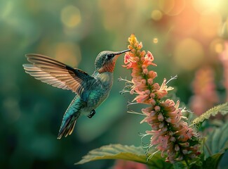 Hummingbird in Flight, Feeding on a Flower