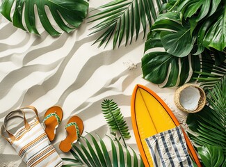 Summer Beach Essentials with Tropical Leaves and Surfboard