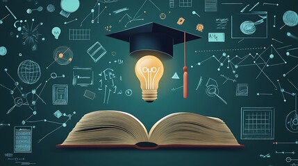 Educational Inspiration with Book and Light Bulb, An open book with a glowing light bulb and graduation cap above it