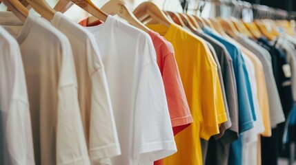 Colorful T-shirts Hanging on Wooden Hangers