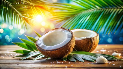 Fresh Coconut, Peeled and Ready to Eat - Tropical Fruit Bokeh Background