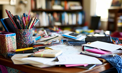 A cluttered workspace filled with colorful stationery, notebooks, and creative tools in a bright room