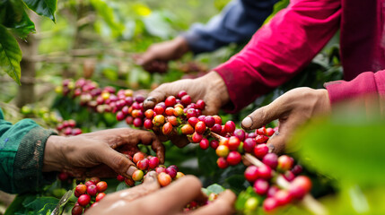 Coffee harvesting process hands picking red ripe arabica coffee beans at plantation farm agriculture 100 character