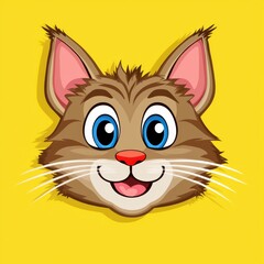 Fototapeta premium Cartoon illustration of a cheerful brown cat with blue eyes and pink ears on a bright yellow background
