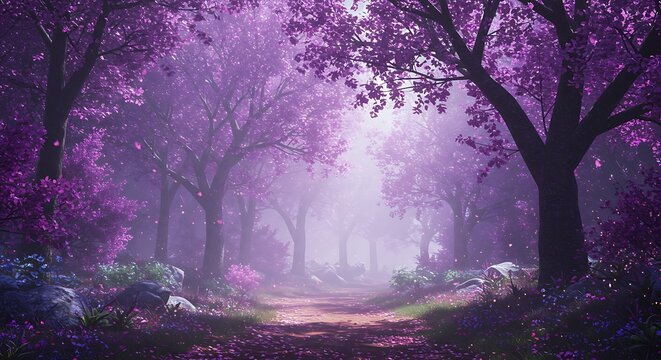 Envision a breathtaking spring landscape where lilac trees are in full bloom, forming a magical forest scene
