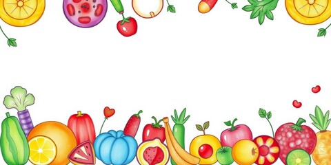 Whimsical hand-drawn fruit & veggie border Pastel crayon style, cartoonish, colorful, seamless, childlike, fun, doodle, design