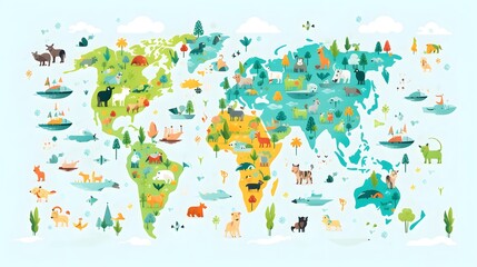 Detailed vector flat design abstract world map with various animals for educational purposes