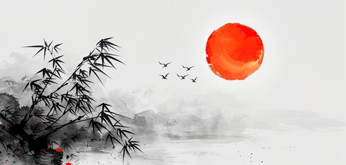 Black Ink Bamboo and Red Circle Against Grey Sky