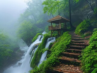 Misty Waterfall with Wooden Gazebo and Steps