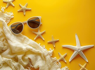 Summer Vacation Essentials on Yellow Background