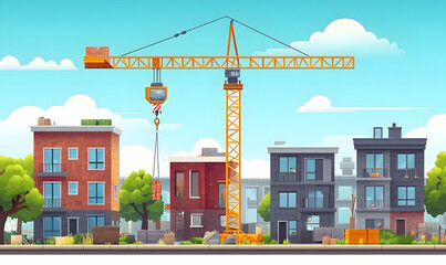 Fototapeta premium Construction site with a yellow crane lifting materials amidst urban buildings and greenery