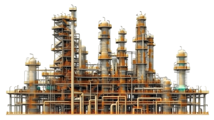 Detailed Industrial Refinery Illustration with Rusty Metal Against Isolated Transparent Background