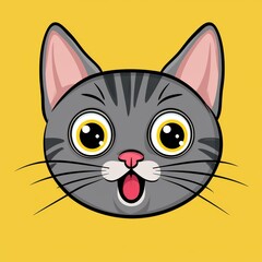 Cartoonish illustration of a gray tabby cat with yellow eyes and pink ears sticking out its tongue